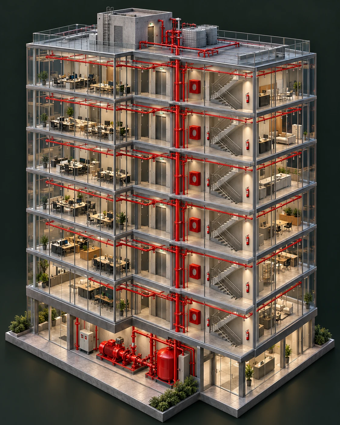 Render de edificação transparente com tubulações, sprinklers, hidrantes e equipamentos de incêndio visíveis