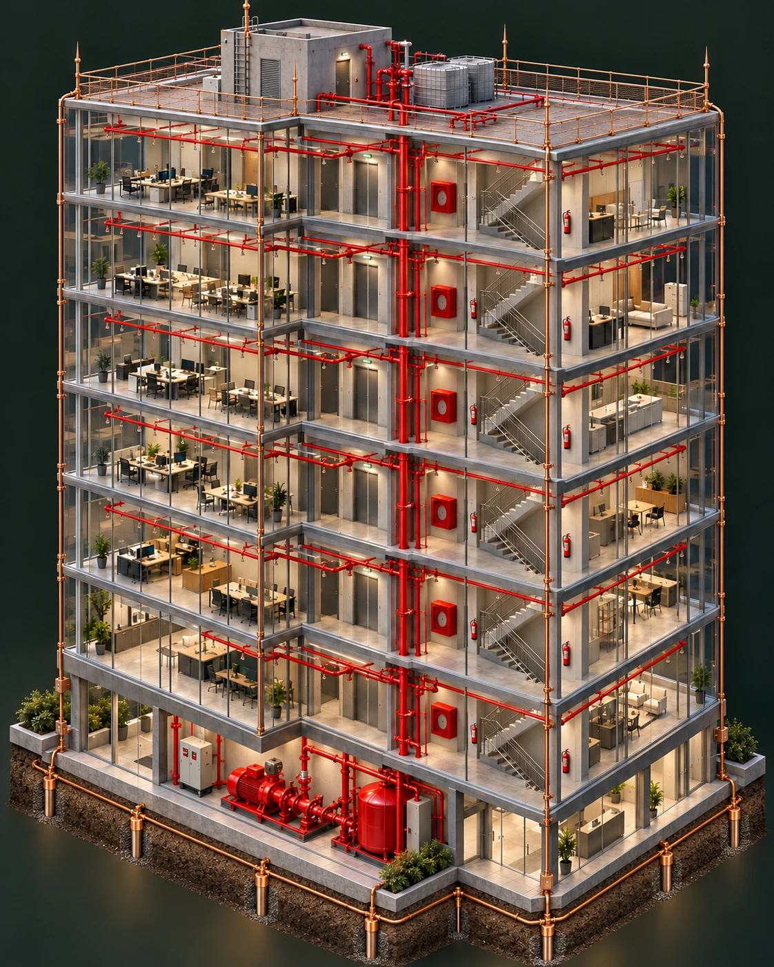 Render conceitual da edificação transparente com sistemas de incêndio em vermelho e SPDA em cobre