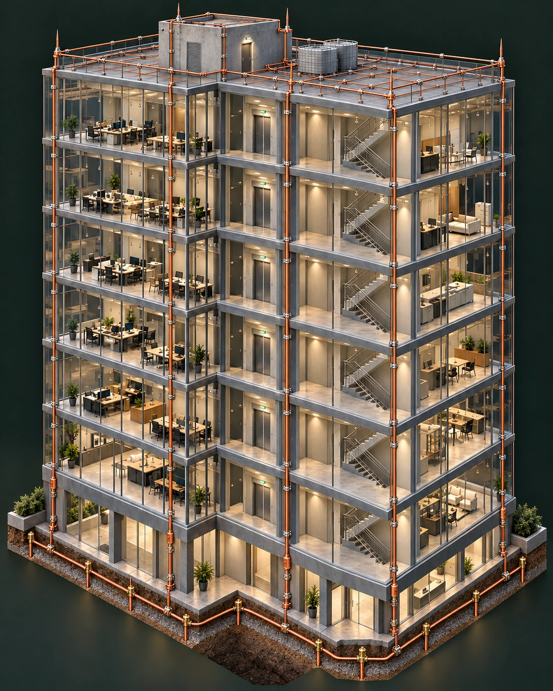 Render conceitual de edificação transparente com captação, descidas e aterramento do SPDA