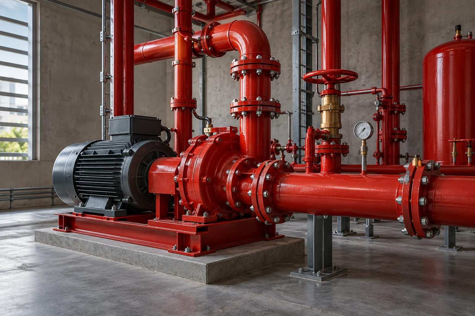 Imagem ilustrativa de casa de bombas com tubulações vermelhas de sistema preventivo de incêndio